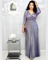 Sparkly purple V-neck pleated maxi dress with long sleeves and matching belt - S / Purple