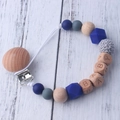 Baby pacifier clip with wood and blue silicone beads featuring BABY letter engraving - Royal Blue