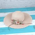 Women's wide brim sun hat with wavy edges and floral ribbon on striped background - Adult M (56-58cm) / Light Pink