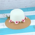 Two-tone woven straw sun hat with floral garland and wide brim for summer beach trips - Cream Crown Light Coffee Brim