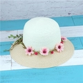 Two-tone woven straw sun hat with pink floral garland and red berries embellishment - Cream Crown Beige Brim
