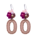 Bohemian handmade crochet drop earrings with purple flowers and large gold oval hoops - Pink