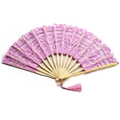 Detail of pink lace folding fan with intricate embroidery and bamboo ribs with tassel - 27CM White Rib Pink