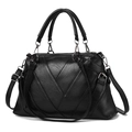 Women's black soft leather tote bag with V-shaped stitching and adjustable strap - Black