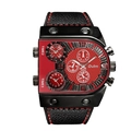 Men's oversized quartz watch with unique red dial and black leather strap - Red