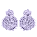 Close-up of lavender handmade seed bead earrings with bohemian floral pattern design - Purple