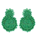 Detail of green beaded drop earrings featuring intricate handmade woven texture - Green