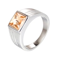Men's silver steel ring featuring a square champagne gemstone with side stripe details - Orange