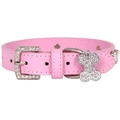 Pink faux leather pet collar with sparkling rhinestone buckle and bone pendant - XS (1.3cm*25cm) / Pink