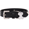 Black leather dog collar with sparkling rhinestone bone pendant and silver buckle - XS (1.3cm*25cm) / Black