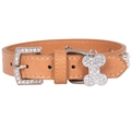 Light tan synthetic leather dog collar with rhinestone bone pendant and silver buckle - XS (1.3cm*25cm) / Khaki