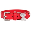 Bright red faux leather dog collar with rhinestone bone pendant and silver metal buckle - S (1.5cm*31cm) / Red