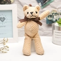 Light brown textured plush teddy bear keychain with dark brown ribbon and silver chain - Yellow