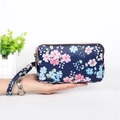 Floral print navy blue coin purse with three-layer zipper and wristlet strap - Small Blue & Pink Floral