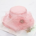 Elegant pink organza sun hat with large flower and pearl accent on a white background - Light Pink