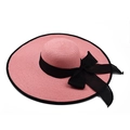 Pink wide-brim straw sun hat with black ribbon bow for summer beach vacations - Pink