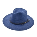 Dark blue woven straw fedora hat with decorative braided rope and gold metal accents - Navy Blue