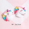 Detail view of resin unicorn charms with glitter showing precise size measurements - Size 9
