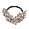 Handmade woven elastic hair tie featuring pinkish-brown faux pearl bead clusters - Pink Gray