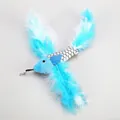 Cat wand feather refill Style 12 with blue knitted fabric and metal swivel connector - Flying Fish Style 12 / 【product Attributes】this Product Is A Pet Cat Toy (replaceable Cat Teaser Head) Combining The Features Of A Flying Fish And A Bird. The Main Body Is Made Of Blue Knitted Fabric And White Fabric With Black Scale Patterns With Blue Felt Fins And The Tail And Sides Are Decorated With A Large Number Of Sky Blue And White Feathers. The Front End Is Equipped With A Metal Rotating Buckle For Connecting The Cat Teaser Leash. 【visual Presentation】the Image Uses A Top-down Flat Composition With A Pure Light Gray Background. The Lighting Is Even And Soft And The Texture Of The Feathers And Fabric Is Clearly Visible. The Image Quality Is High With Good Shooting Clarity. The Aesthetics Are Medium With An Overall Score Of 7.8. The Scene-based Effect Is Relatively Low. 【text Content】the Style Label "style 12" In The Upper Left Corner Needs To Be Translated Into "style 12"; The Chinese Description "all Prices Listed Are Single Prices" In The Lower Right Corner Needs To Be Removed. 【logistics Label】none. 【infringement Risk】product Infringement: None Probability [0.0]; Background Infringement: None. 【product Parameters】the Image Clearly Indicates That This Product Is "style 12".