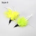 Cat teaser feather replacement heads in bright yellow and green with small metal bells - Style 9 As Pictured / [product Attributes] Two-piece Cat Toy With Replaceable Feather Heads. Visually The Colors Are A Vibrant Bright Yellow And Fluorescent Green. The Structure Includes A Fluffy Main Feather Two Long White Decorative Feathers A Black Plastic Connecting Base And A Small Bell With A Metal Swivel. [visual Presentation] A Simple Diagonal Layout With A Smooth Light Gray Background. The Image Quality Is High With Clear Details Showing The Texture Of The Feathers And The Quality Of The Metal Accessories. Aesthetic Appeal Is Moderate With An Overall Score Of 7.2. The Main Issue Is That The Scene Presentation Is Too Conventional Lacking Emotional Connection And Brand Sophistication. [text Content] The Chinese Style Number "style 9" In The Upper Left Corner And The Chinese Pricing Statement "all Prices Listed Are Unit Prices" In The Lower Right Corner Need To Be Removed. [logistics Label] Animal And Plant Quarantine [infringement Risk] None [product Parameters] Materials Include Feathers Plastic And Metal; Includes A Sound Component (bell).