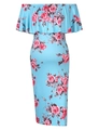 Schulterfreies Umstandskleid in Himmelblau mit rosa Rosenmuster und Blumendruck - S / Himmelblau