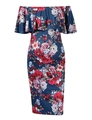 Robe de maternité bleu marine à épaules dénudées avec imprimé floral rouge et blanc - Bleu sarcelle