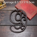 Industrial cast iron decorative number 9 with vintage scrollwork on dark wood base - Number 9