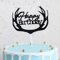 Black antler Happy Birthday cake topper made of glitter paper for party decoration - Mr. Deer Black