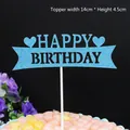 Blue glitter Happy Birthday cake topper with side hearts, size 14cm x 4.5cm - Strip Happy Birthday Blue