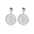 18K gold plated Elizabeth coin earrings in silver finish showing detailed relief - Silver