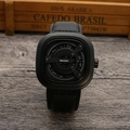 Detail of the unique square rotating dial and black leather strap of the punk quartz watch - Black Case Black Strap Black Dial