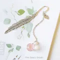 Vintage silver feather bookmark with pink dried flowers in glass ball and pearl pendant - Pink Gypsophila