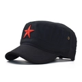 Macro detail of the red star embroidery and side brass eyelets on a black cotton cadet cap - Adjustable / Flat Top Red Star Style / Black