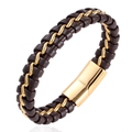 Men's brown braided leather bracelet with gold stainless steel chain and magnetic clasp - 21cm / Brown