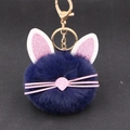 Detailed view of plush dark blue keychain ball with glitter cat ears and golden metal ring - Navy Blue