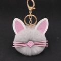 Close-up of gray plush cat keychain with pink glitter ears and whiskers on a black background - Light Gray