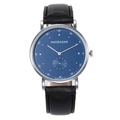 Detail of blue dial quartz watch with silver casing and black leather strap - Blue Dial Black Strap