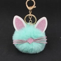 Close-up of mint green plush kitten keychain with pink glitter ears and gold clip - Mint Green