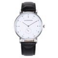 Close-up of minimalist white dial watch with black leather strap and small second sub-dial - White Face Black Strap