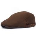 Close-up of brown mesh beret hat showing breathable texture and side metal buckle - Coffee