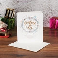 White square Christmas card with Comfort and Joy gold foil print and matching envelope - Christmas Wreath