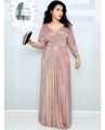 Elegant rose gold sequined evening gown with long sleeves and pleated maxi skirt with belt - S / Pink