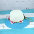 Blue and white woven straw sun hat with decorative pink daisy and berry floral band - Cream Crown Sky Blue Brim