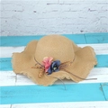 Women's summer straw sun hat with large wavy brim and elegant floral bow decoration - Adult M / Khaki