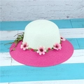 Two-tone woven straw sun hat in cream and magenta with floral wreath decoration - Cream Crown Rose Red Brim