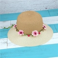 Pastoral straw sun hat with pink flower garland and wide brim on striped wood - Light Coffee Crown Beige Brim