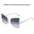 Chic butterfly cat-eye sunglasses with white frame, green accents and grey gradient lenses - White Frame Gray Lens