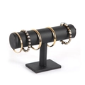 Single tier black velvet T-bar display stand showing gold rhinestone bracelets - Single Tier / Black Leather