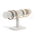 Gray velvet T-bar jewelry display stand featuring five elegant metal bracelets - Single Tier / Ice Velvet